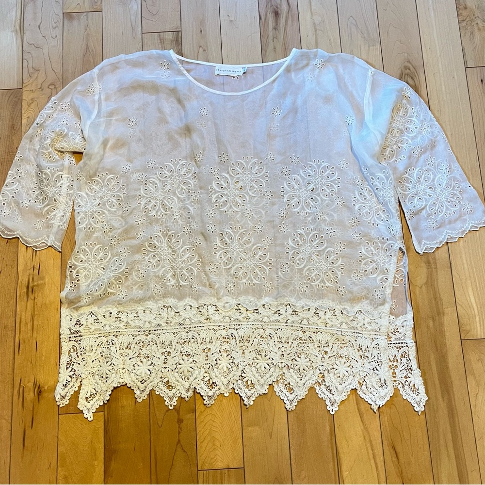 4 Love and Liberty Johnny Was Sheer Cream Lace Eyelet Boho Silk Top size small